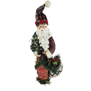 Santa Claus Figurine Burgundy Plaid Hat‎ Birdhouse Christmas Decor